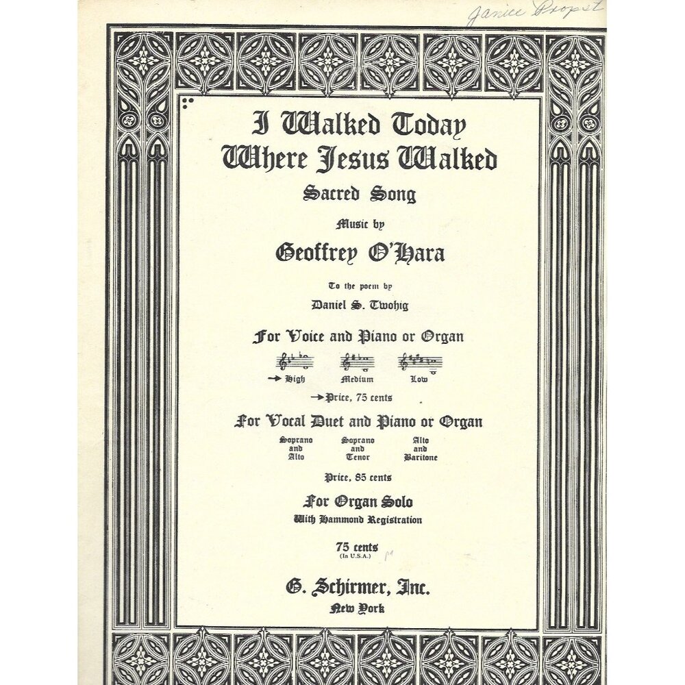 1937 I Walked Today Where Jesus Walked Sheet Music Geoffrey O’Hara Sacred